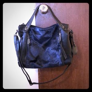 Vegan Navy  hair calf and Black leather Purse